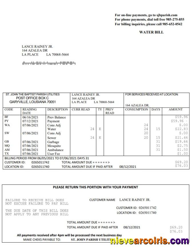 USA Louisiana St John the Baptist Parish water bill